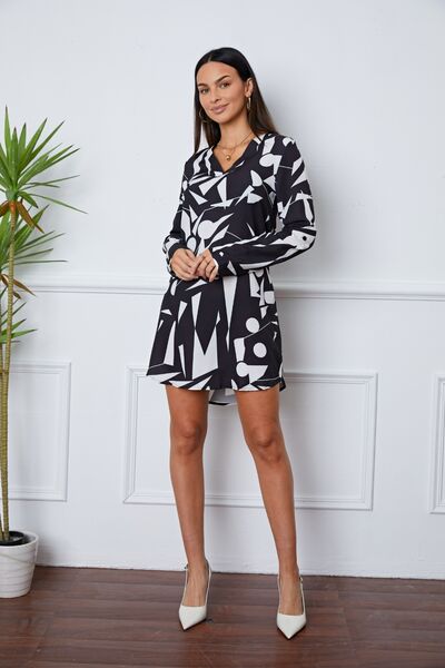 Geometric V-Neck Roll-Tab Sleeve Mini Dress - Guy Christopher