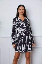 Geometric V-Neck Roll-Tab Sleeve Mini Dress - Guy Christopher