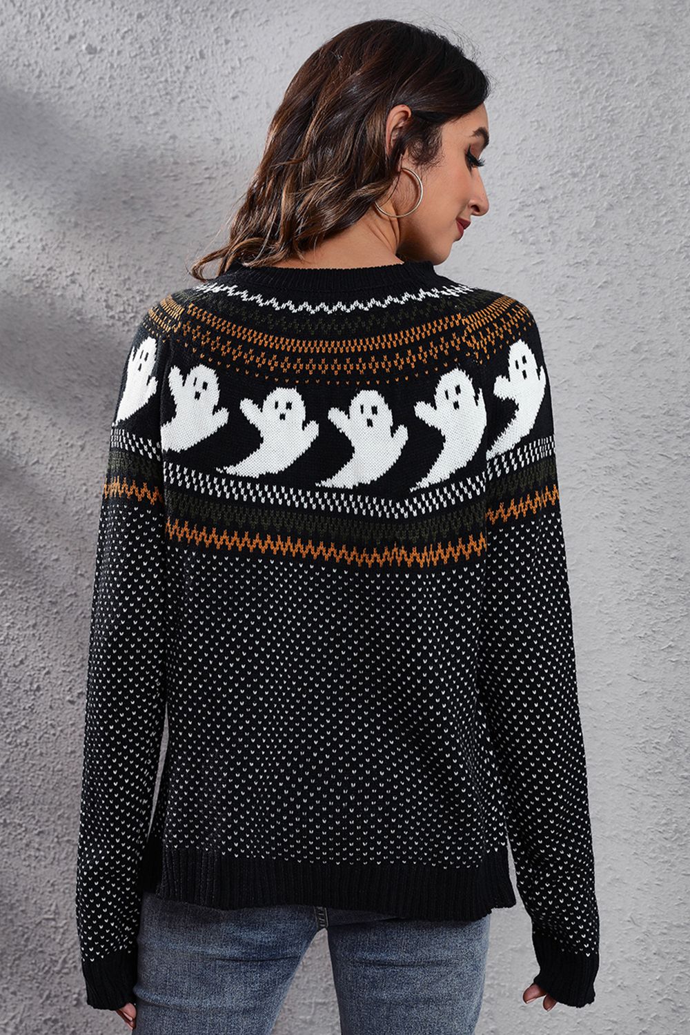 Ghost Pattern Round Neck Long Sleeve Sweater - Guy Christopher