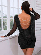 Glitter Rhinestone Chain Detail Mesh Sleeve Bodycon Dress - Guy Christopher