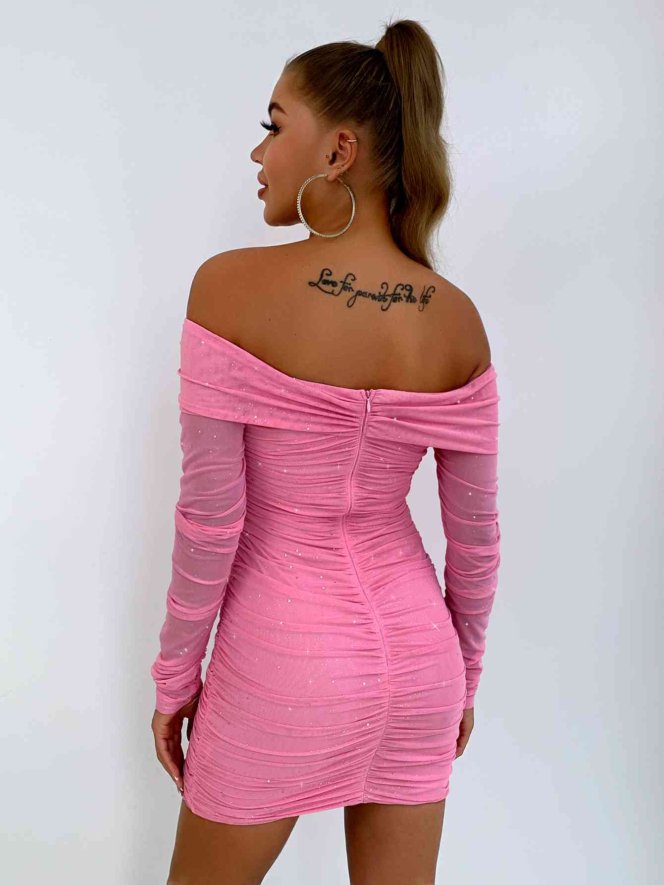 Glitter Ruched Off-Shoulder Long Sleeve Bodycon Dress - Guy Christopher