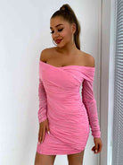 Glitter Ruched Off-Shoulder Long Sleeve Bodycon Dress - Guy Christopher