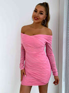 Glitter Ruched Off-Shoulder Long Sleeve Bodycon Dress - Guy Christopher