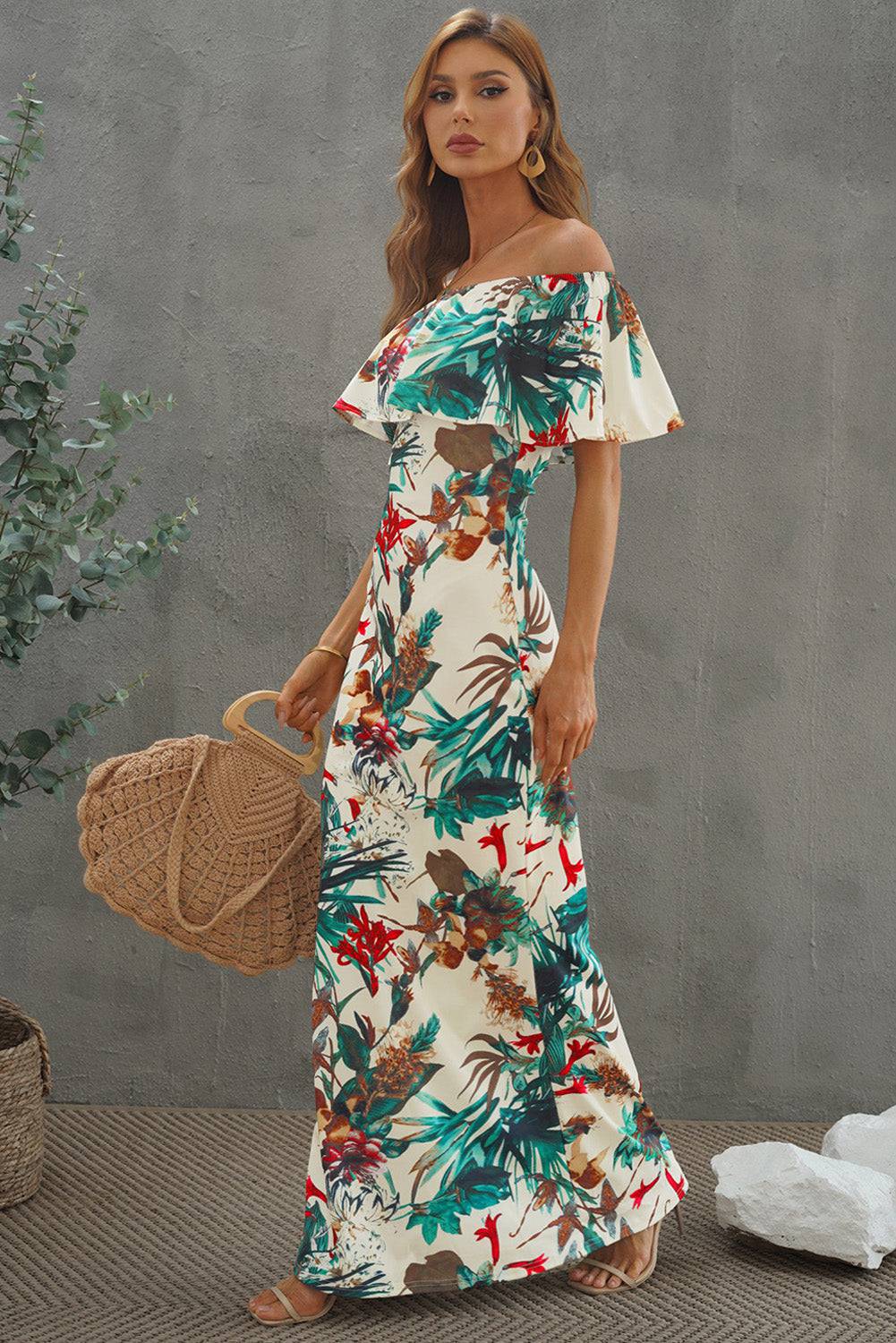 Goddess of Enchantment - Embrace your ethereal beauty and immerse yourself in romance with our Floral Layered Off-Shoulder Maxi Dress. - Guy Christopher