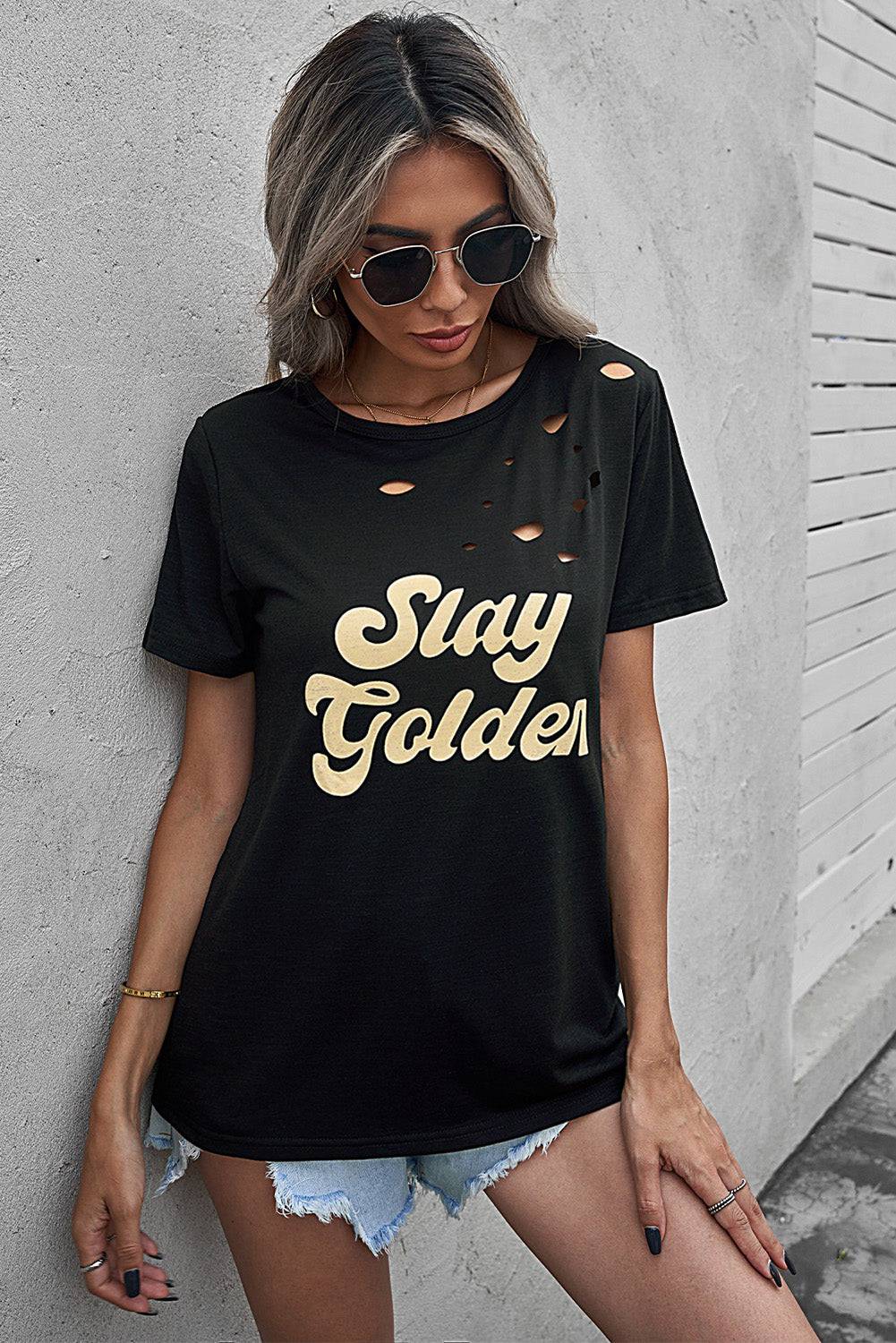 Goddess of Radiance Tee - Embrace Your Inner Divinity with Golden Distressed Beauty. - Guy Christopher