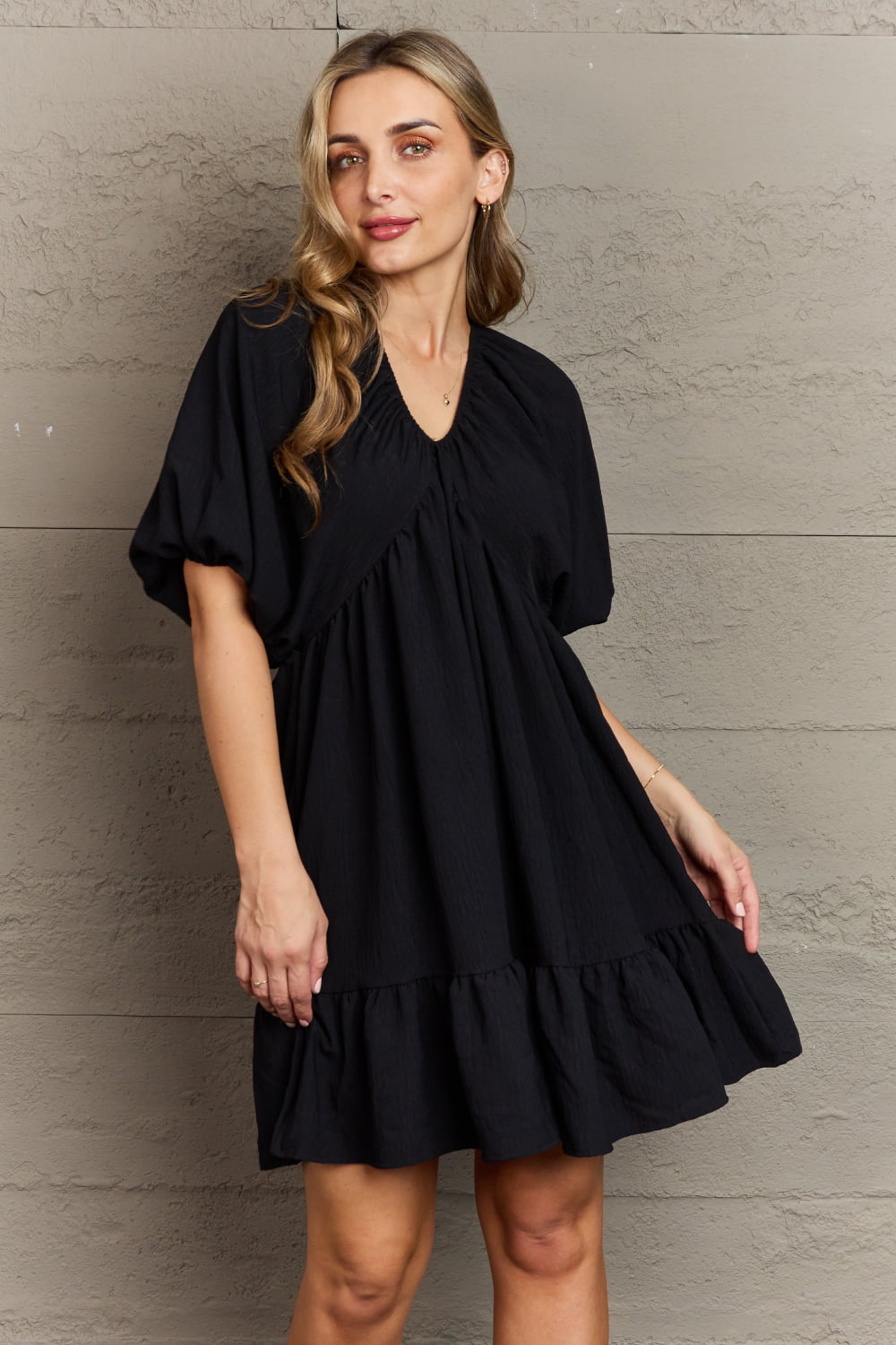 Hailey & Co Comfort Cutie Double V-Neck Puff Sleeve Mini Dress - Guy Christopher