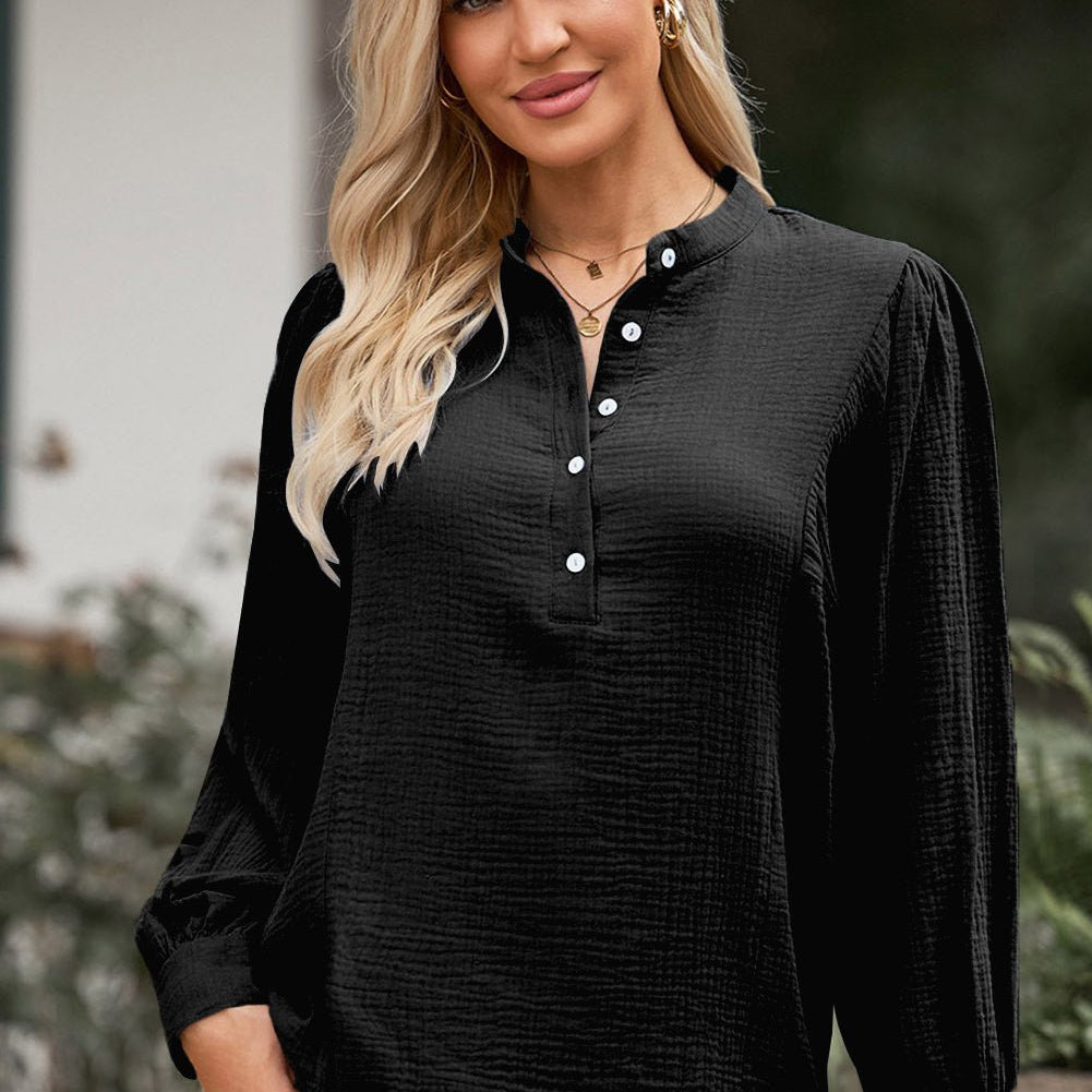 Half Button Puff Sleeve Blouse - Guy Christopher