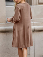 Half Button V-Neck Long Sleeve Dress with Pockets - Guy Christopher