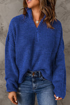 Half Zip Rib-Knit Dropped Shoulder Sweater - Guy Christopher