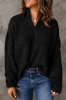 Half Zip Rib-Knit Dropped Shoulder Sweater - Guy Christopher