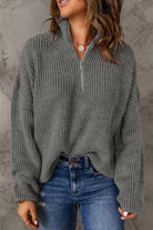 Half Zip Rib-Knit Dropped Shoulder Sweater - Guy Christopher