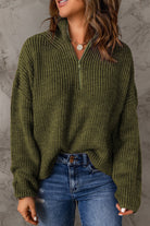 Half Zip Rib-Knit Dropped Shoulder Sweater - Guy Christopher