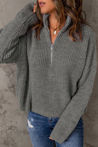 Half Zip Rib-Knit Dropped Shoulder Sweater - Guy Christopher