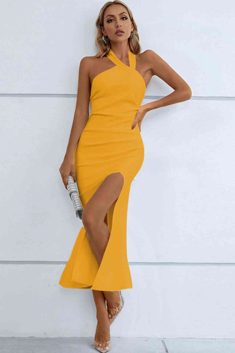 Halter Neck Split Fishtail Bodycon Dress - Guy Christopher