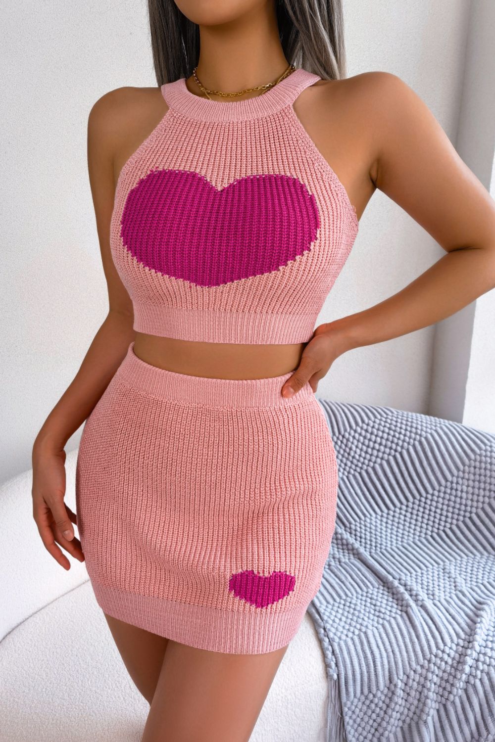 Heart Contrast Ribbed Sleeveless Knit Top and Skirt Set - Guy Christopher