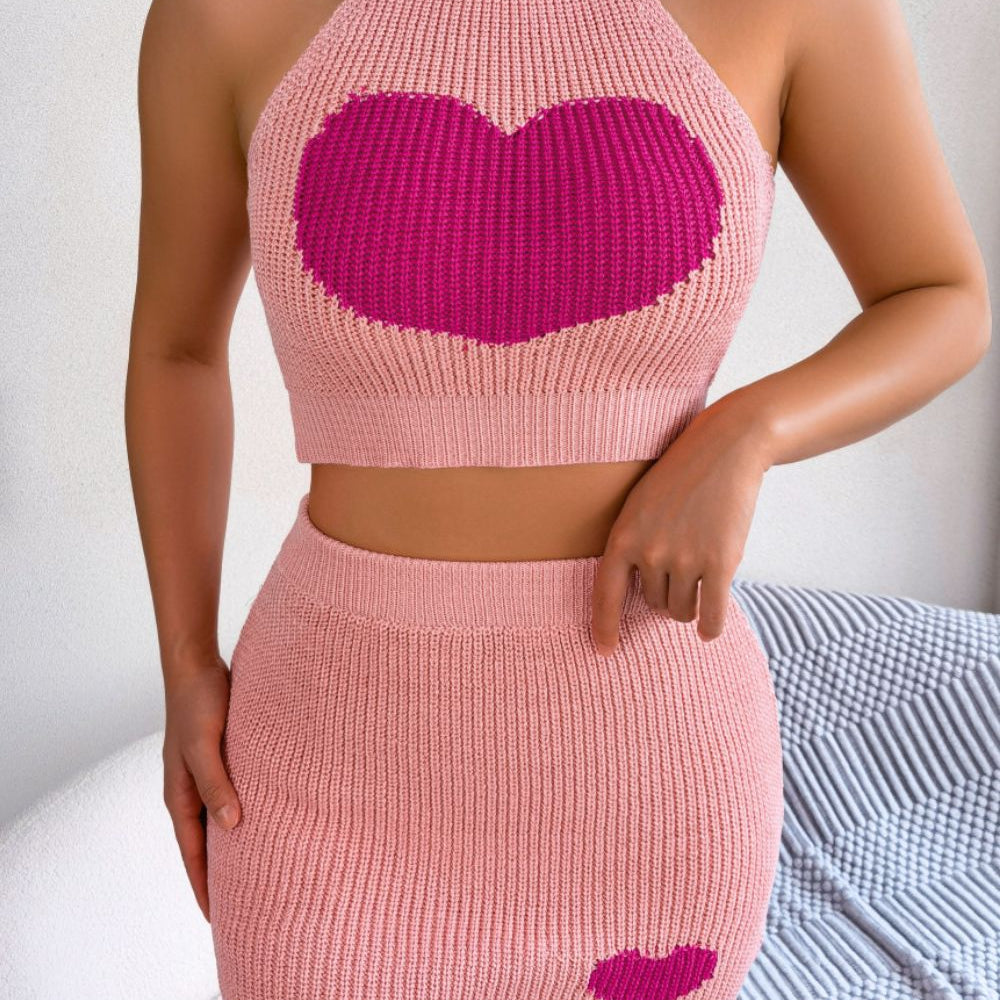 Heart Contrast Ribbed Sleeveless Knit Top and Skirt Set - Guy Christopher