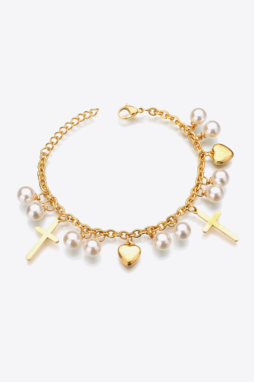 Heart Cross and Pearl Charm Stainless Steel Bracelet - Guy Christopher