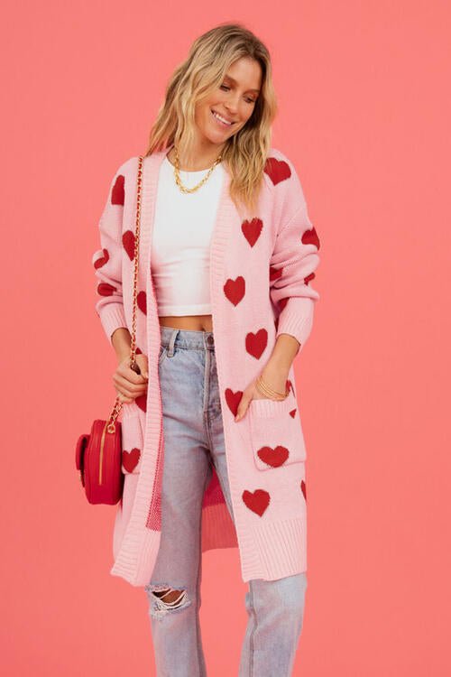 Heart Graphic Open Front Cardigan with Pockets - Guy Christopher