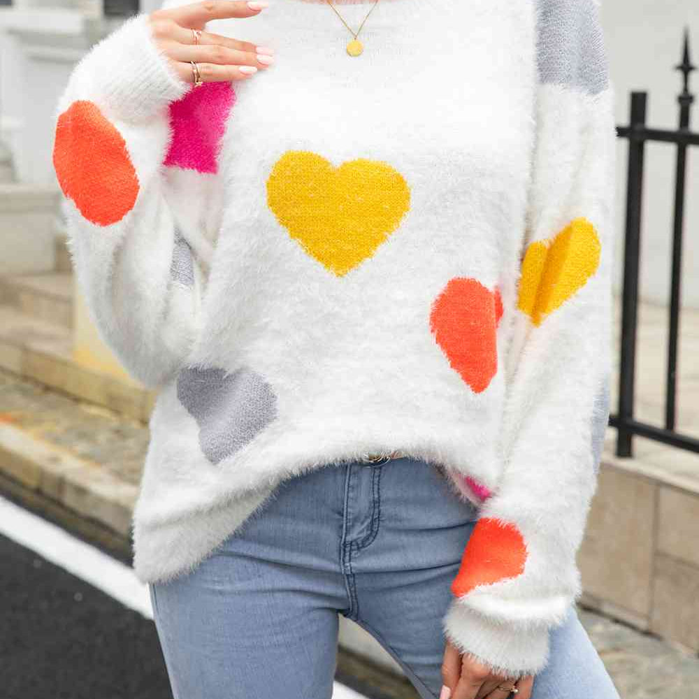 Heart Pattern Round Neck Long Sleeve Sweater - Guy Christopher