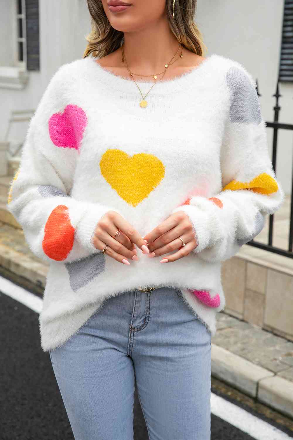 Heart Pattern Round Neck Long Sleeve Sweater - Guy Christopher