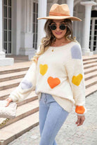 Heart Pattern Round Neck Long Sleeve Sweater - Guy Christopher