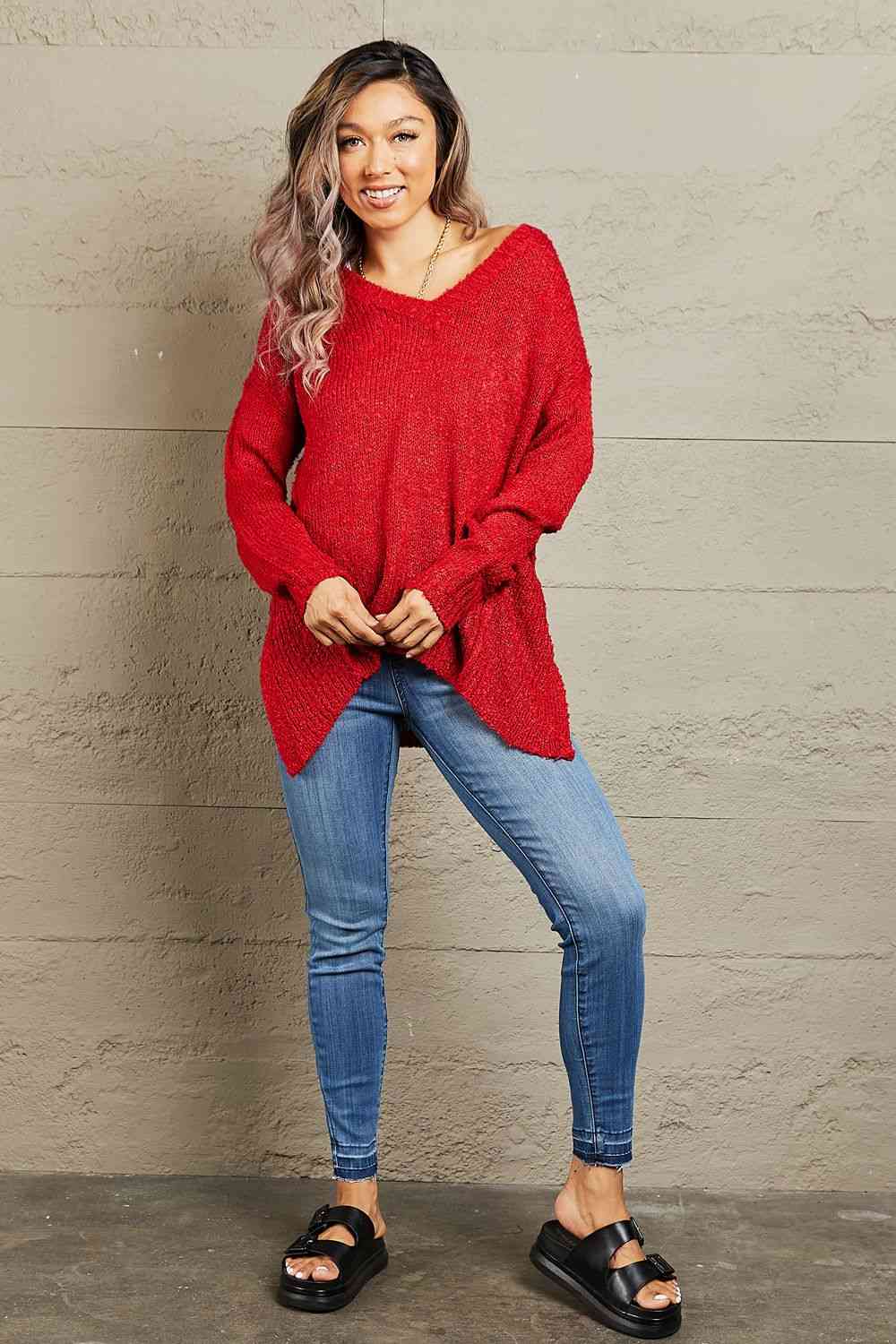 Heimish By The Fire Full Size Draped Detail Knit Sweater - Guy Christopher