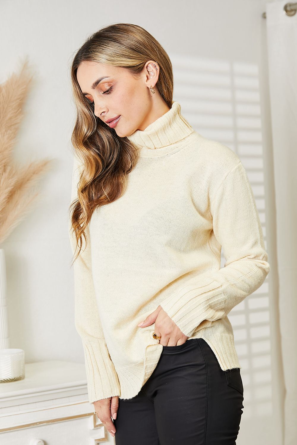 Heimish Full Size Long Sleeve Turtleneck Sweater with Side Slit - Guy Christopher