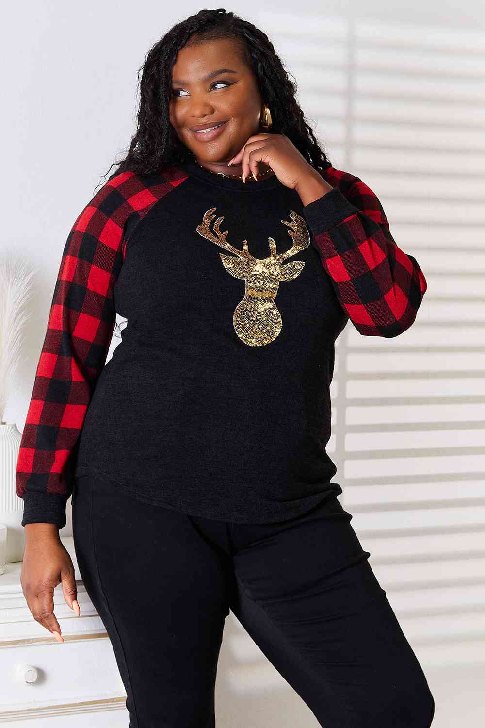 Heimish Full Size Sequin Reindeer Graphic Plaid Top - Guy Christopher