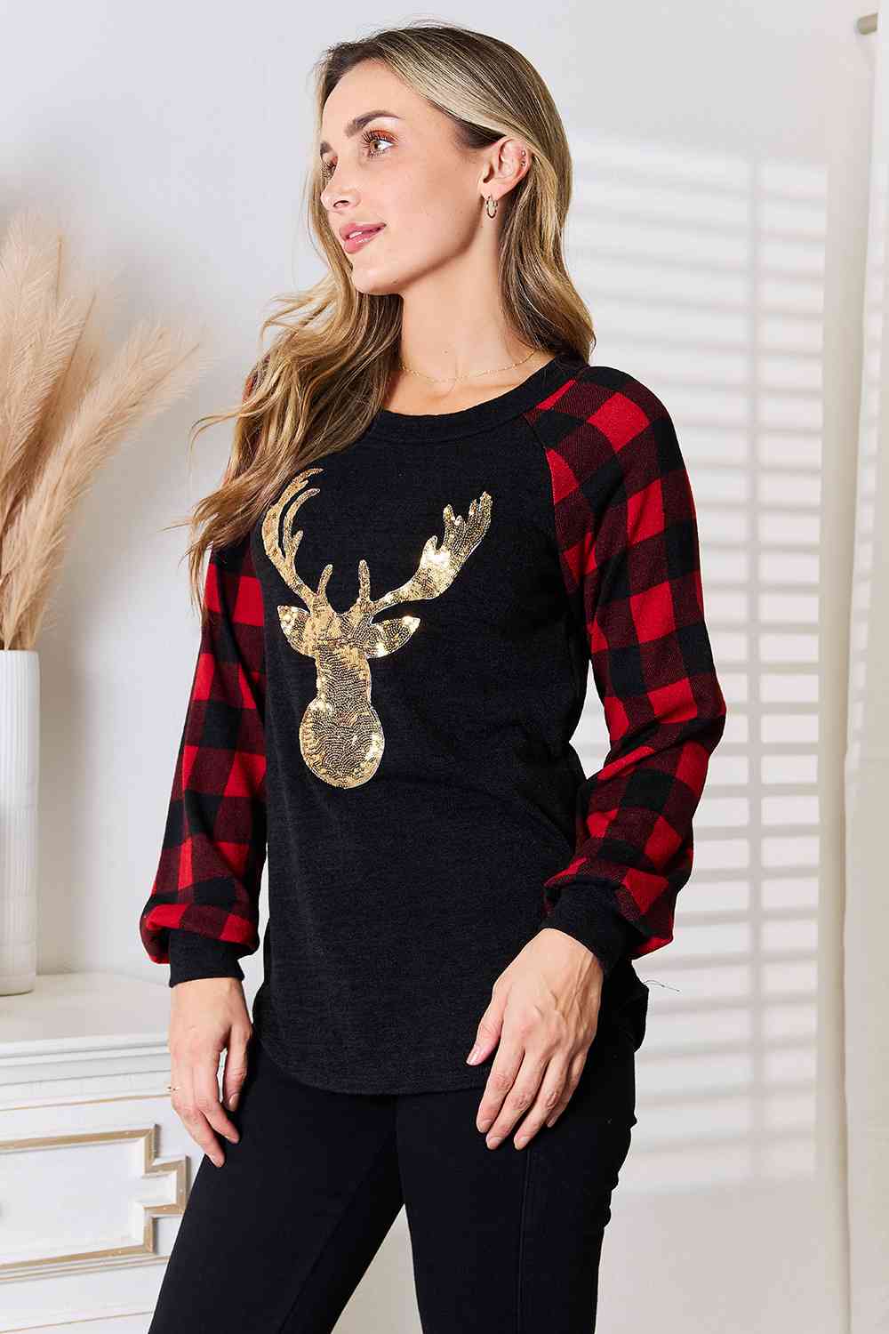 Heimish Full Size Sequin Reindeer Graphic Plaid Top - Guy Christopher