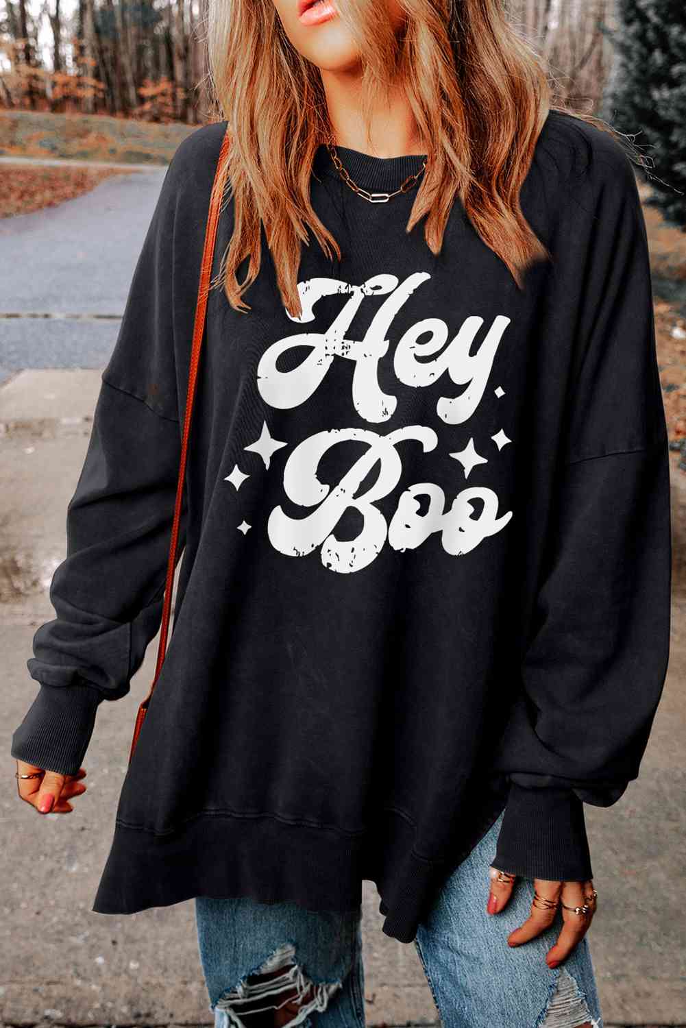 HEY BOO Graphic Round Neck Sweatshirt - Guy Christopher