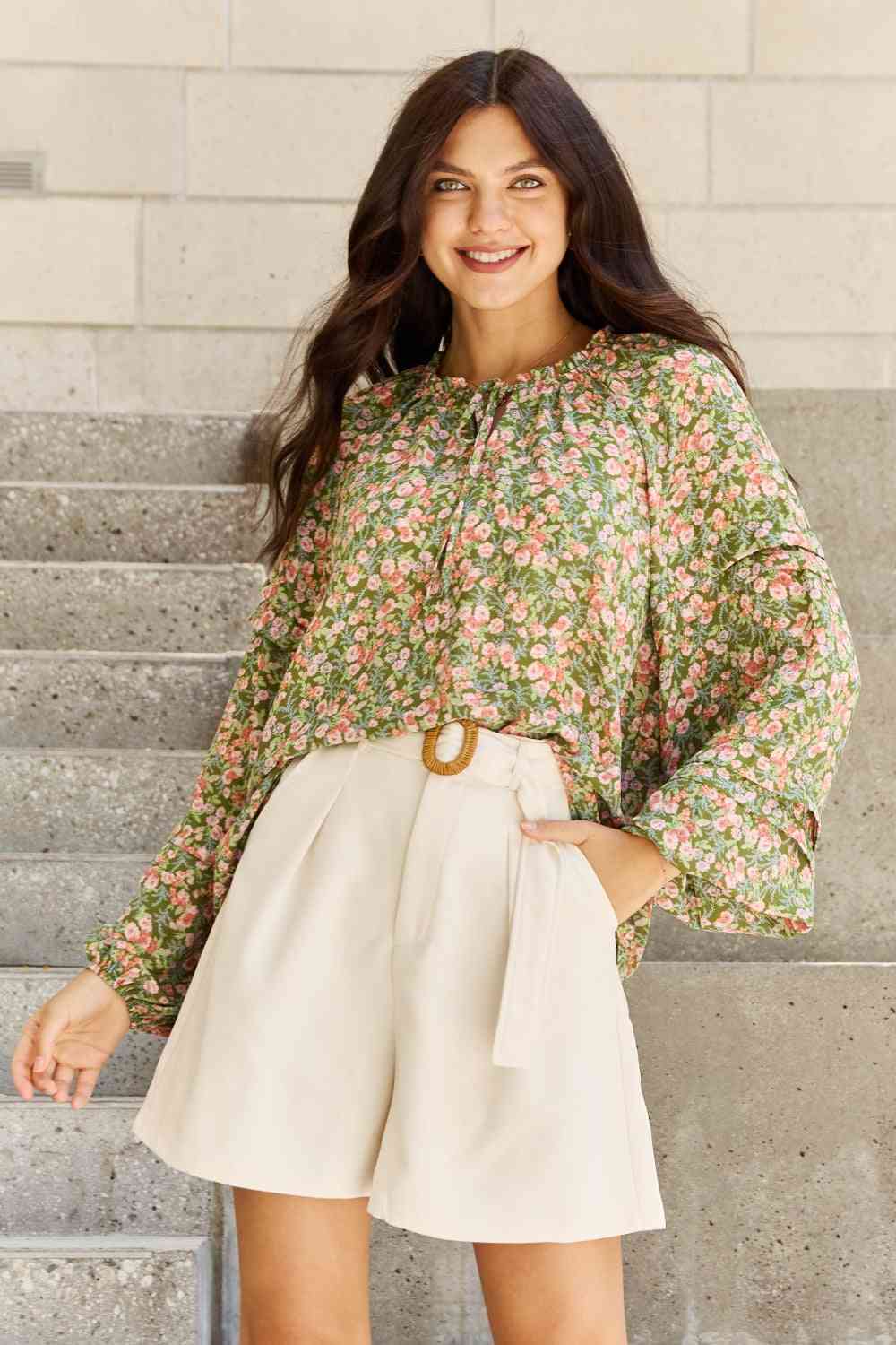 HEYSON She's Blossoming Full Size Balloon Sleeve Floral Blouse - Guy Christopher