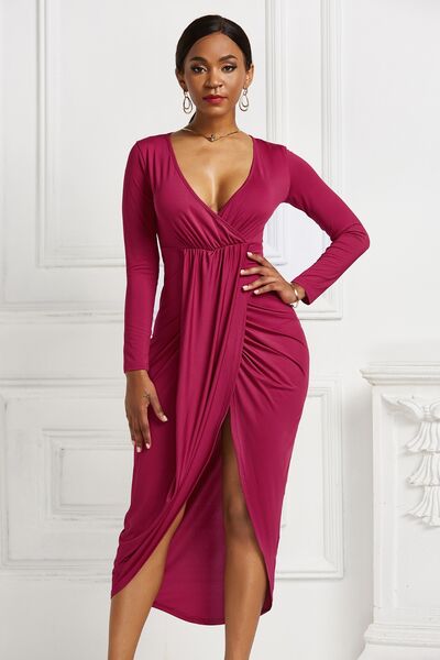 High-low Ruched Surplice Long Sleeve Dress - Guy Christopher