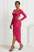 High-low Ruched Surplice Long Sleeve Dress - Guy Christopher