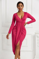 High-low Ruched Surplice Long Sleeve Dress - Guy Christopher