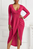 High-low Ruched Surplice Long Sleeve Dress - Guy Christopher