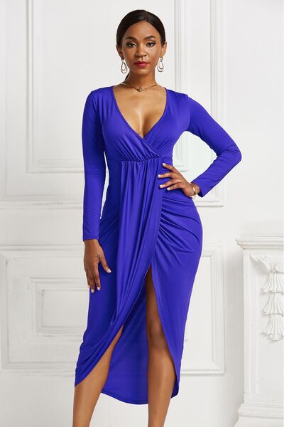 High-low Ruched Surplice Long Sleeve Dress - Guy Christopher