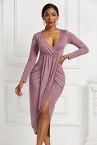 High-low Ruched Surplice Long Sleeve Dress - Guy Christopher