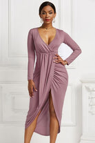 High-low Ruched Surplice Long Sleeve Dress - Guy Christopher