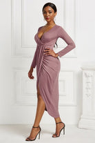 High-low Ruched Surplice Long Sleeve Dress - Guy Christopher