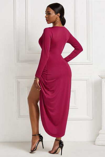 High-low Ruched Surplice Long Sleeve Dress - Guy Christopher