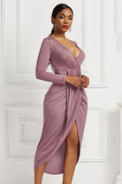 High-low Ruched Surplice Long Sleeve Dress - Guy Christopher