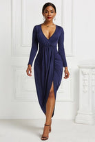 High-low Ruched Surplice Long Sleeve Dress - Guy Christopher