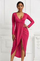 High-low Ruched Surplice Long Sleeve Dress - Guy Christopher