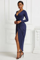 High-low Ruched Surplice Long Sleeve Dress - Guy Christopher