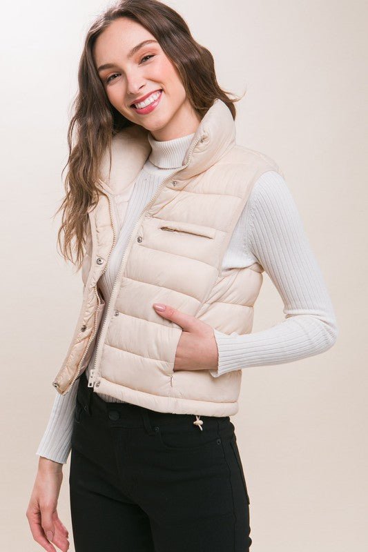 High Neck Zip Up Puffer Vest with Storage Pouch - Guy Christopher