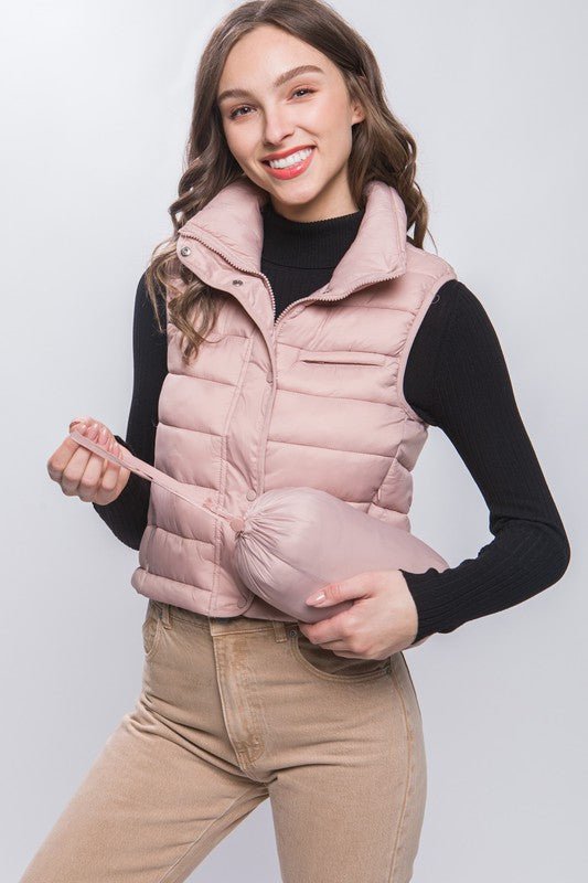 High Neck Zip Up Puffer Vest with Storage Pouch - Guy Christopher