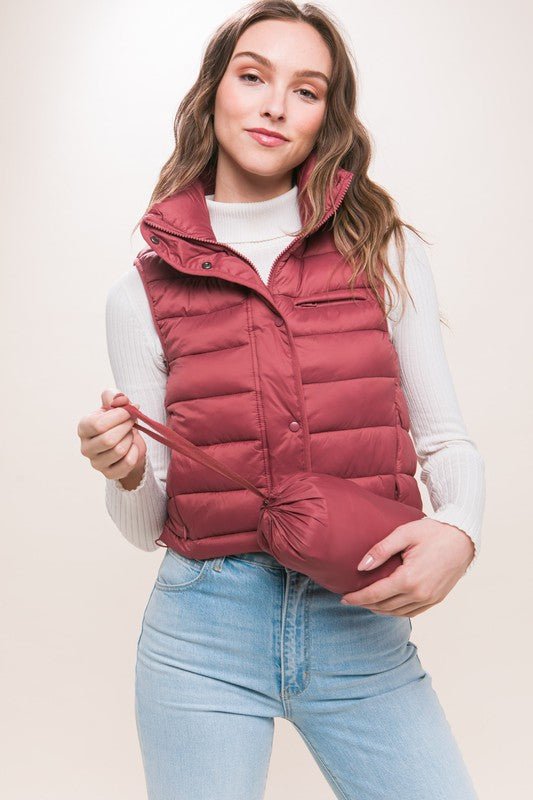 High Neck Zip Up Puffer Vest with Storage Pouch - Guy Christopher