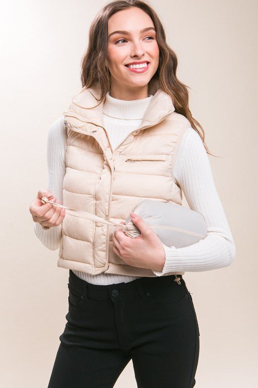 High Neck Zip Up Puffer Vest with Storage Pouch - Guy Christopher