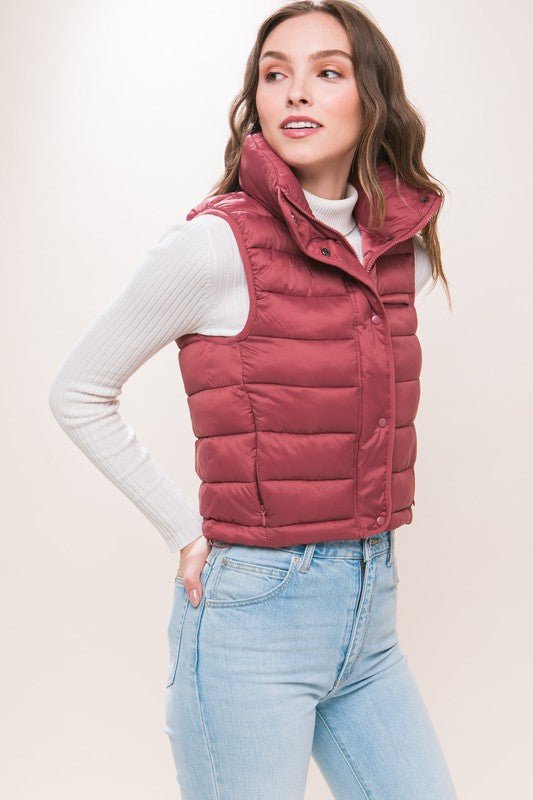 High Neck Zip Up Puffer Vest with Storage Pouch - Guy Christopher