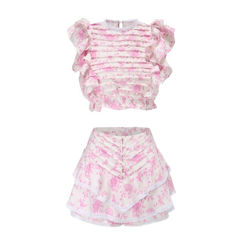 High Quality 2022 Sunday Set elastic waistband Cropped top with ruffle detail and cute ruffle mini shorts skirts - Guy Christopher